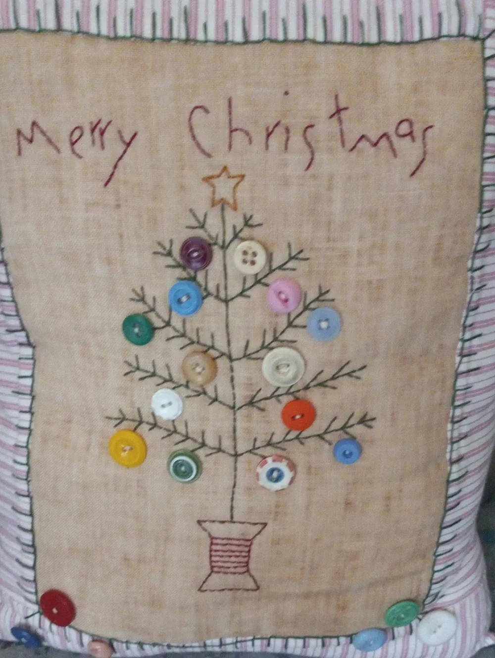 Handmade Merry Christmas Button Tree Pillow - Pink Holiday Accent